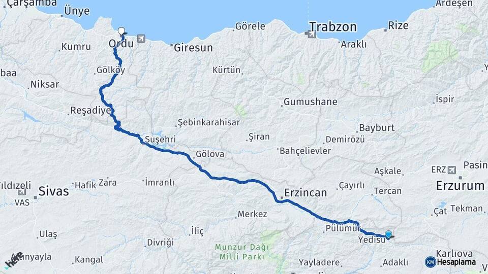 Bingöl Yedisu Ordu Arası Kaç Km - Yol Haritası