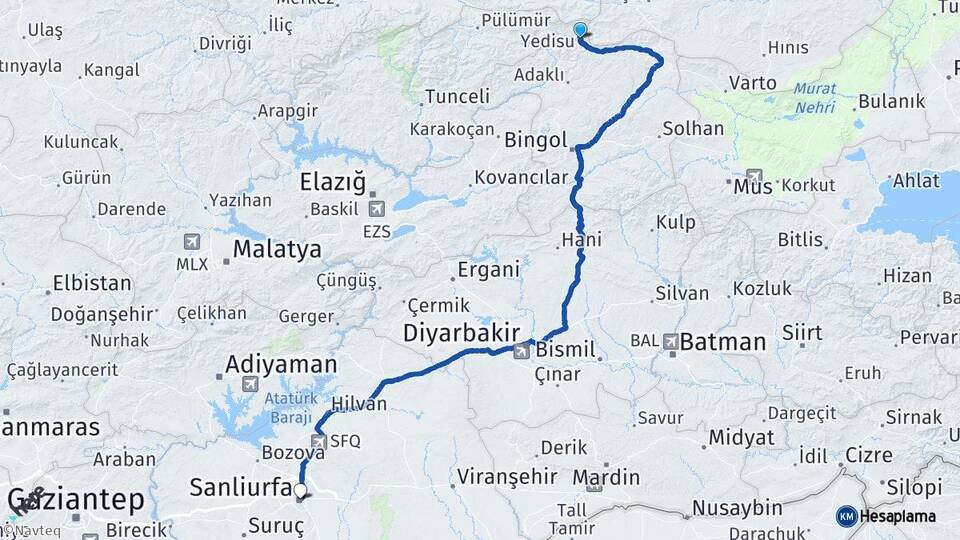 Bingöl Yedisu Şanlıurfa Arası Kaç Km - Yol Haritası