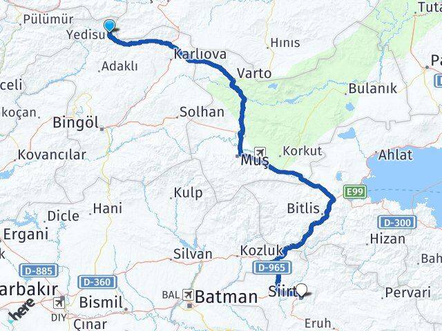 Bingöl Yedisu Siirt Arası Kaç Km - Yol Haritası