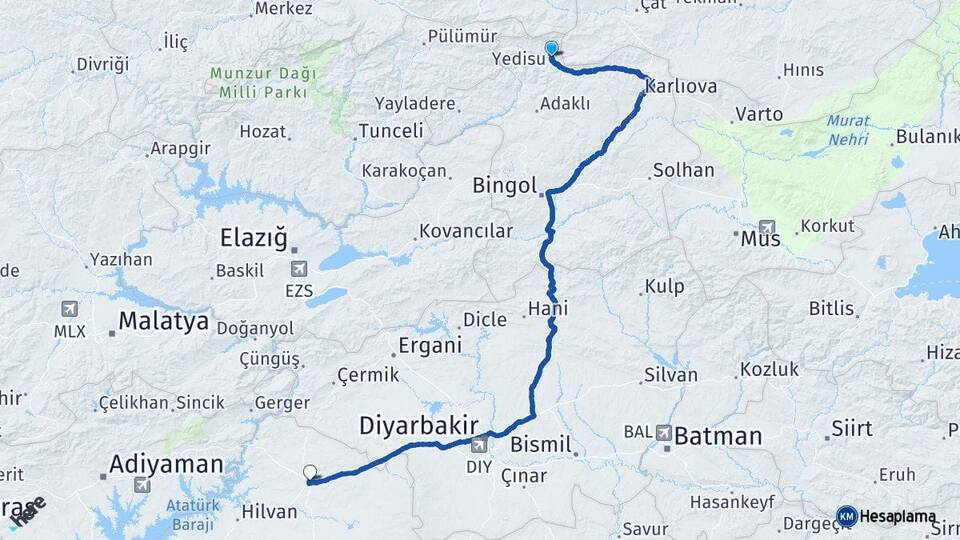 Bingöl Yedisu Siverek Şanlıurfa Arası Kaç Km - Yol Haritası