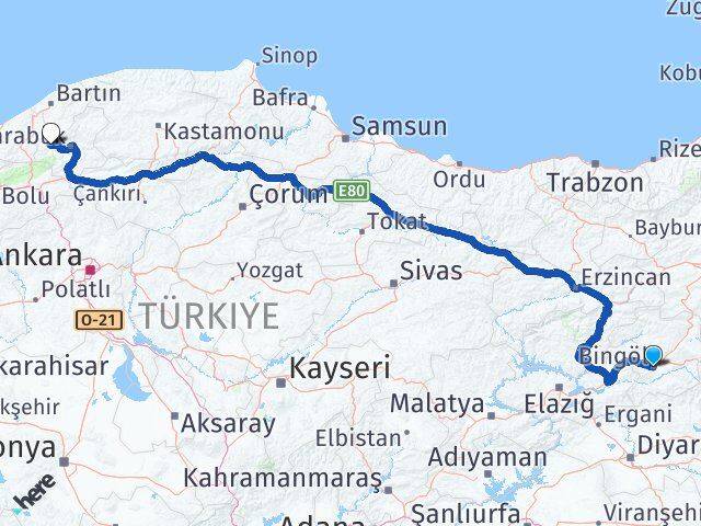 Bingöl Yenice Karabük Arası Kaç Km - Yol Haritası