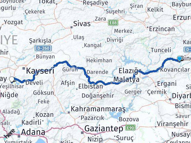 Bingöl Yeşilhisar Kayseri Arası Kaç Km - Yol Haritası