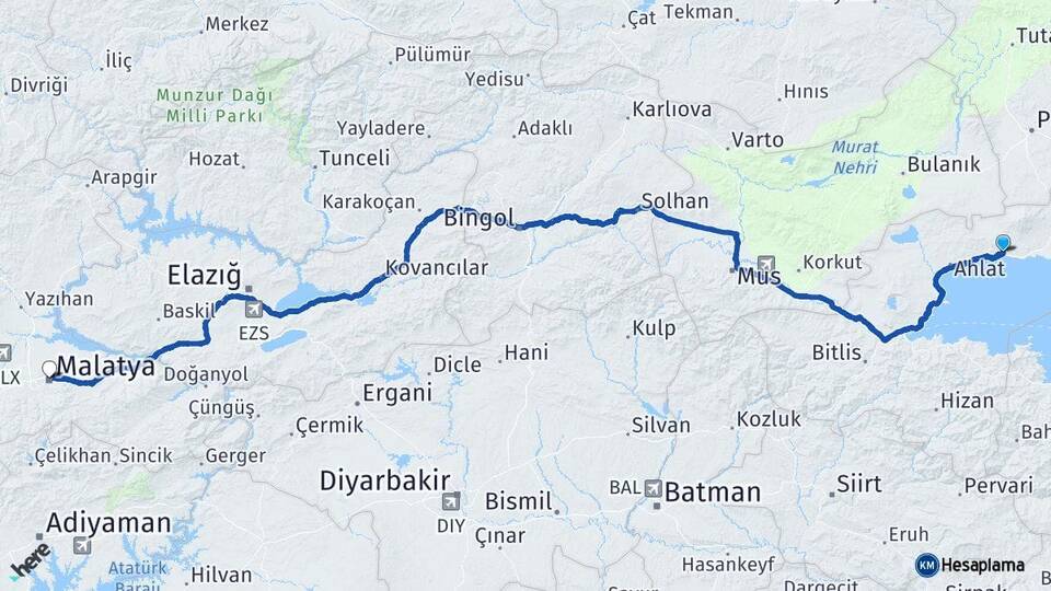 Bitlis Adilcevaz Malatya Arası Kaç Km - Yol Haritası