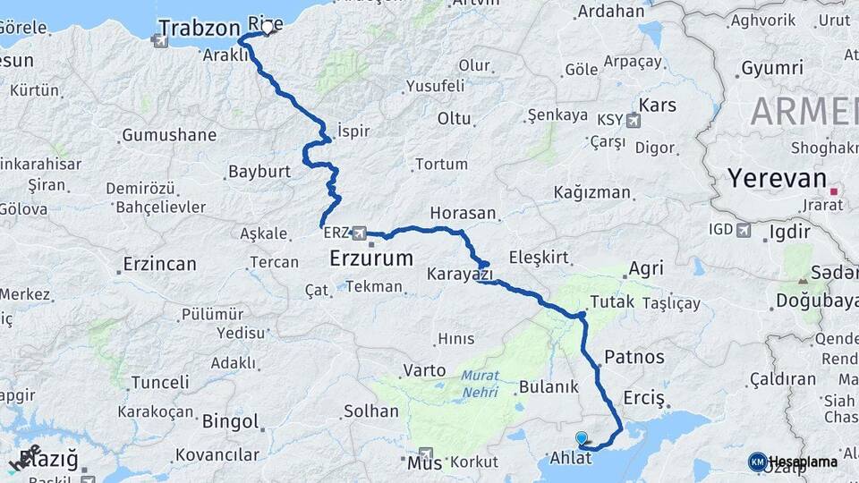 Bitlis Adilcevaz Rize Arası Kaç Km - Yol Haritası