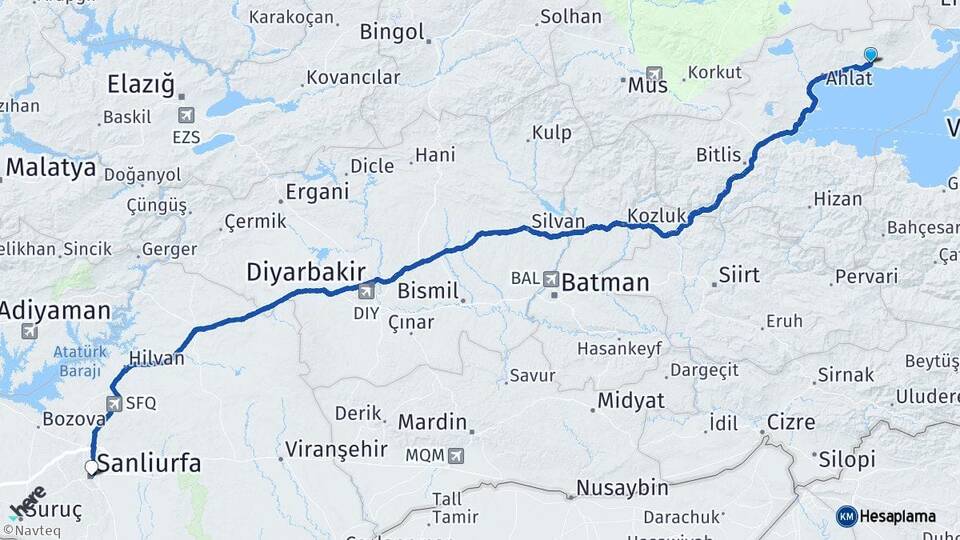 Bitlis Adilcevaz Şanlıurfa Arası Kaç Km - Yol Haritası