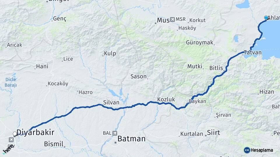 Bitlis Ahlat Diyarbakır Arası Kaç Km - Yol Haritası