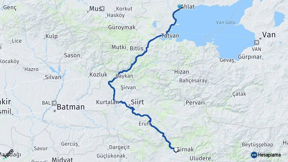 Bitlis Ahlat Şırnak Arası Kaç Km - Yol Haritası