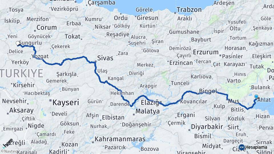 Bitlis Ahlat Sungurlu Çorum Arası Kaç Km - Yol Haritası