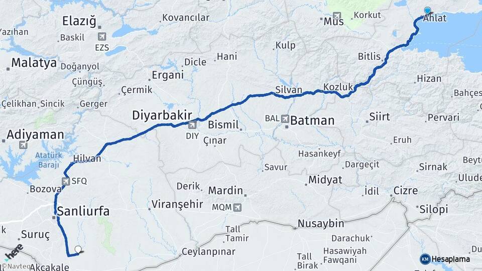 Bitlis Ahlat Uludere Harran Şanlıurfa Arası Kaç Km - Yol Haritası