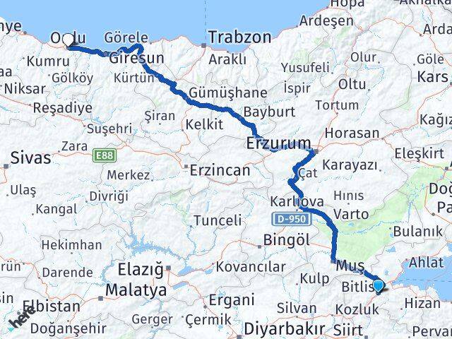 Bitlis Altınordu Arası Kaç Km - Yol Haritası