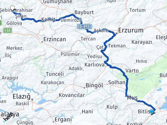 Bitlis Alucra Giresun Arası Kaç Km - Yol Haritası