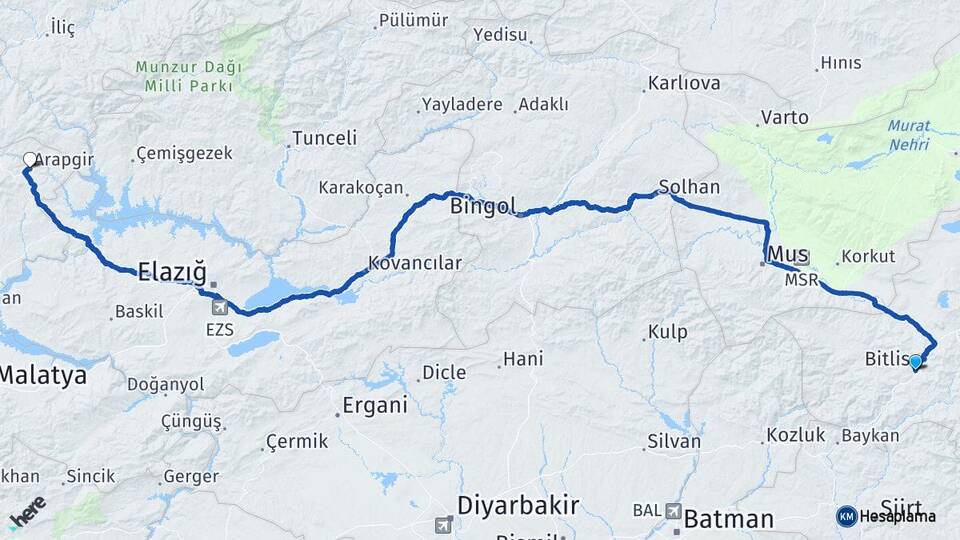 Bitlis Arapgir Malatya Arası Kaç Km - Yol Haritası