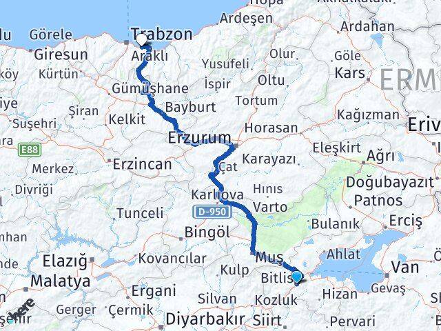 Bitlis Arsin Trabzon Arası Kaç Km - Yol Haritası