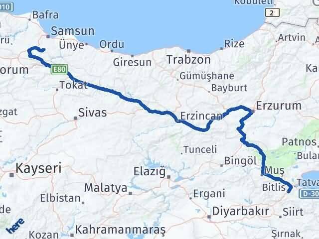 Bitlis Asarcık Samsun Arası Kaç Km - Yol Haritası
