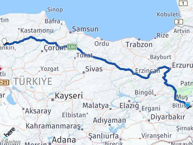 Bitlis Atkaracalar Çankırı Arası Kaç Km - Yol Haritası