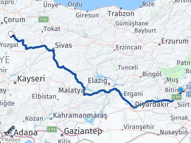 Bitlis Aydıncık Yozgat Arası Kaç Km - Yol Haritası