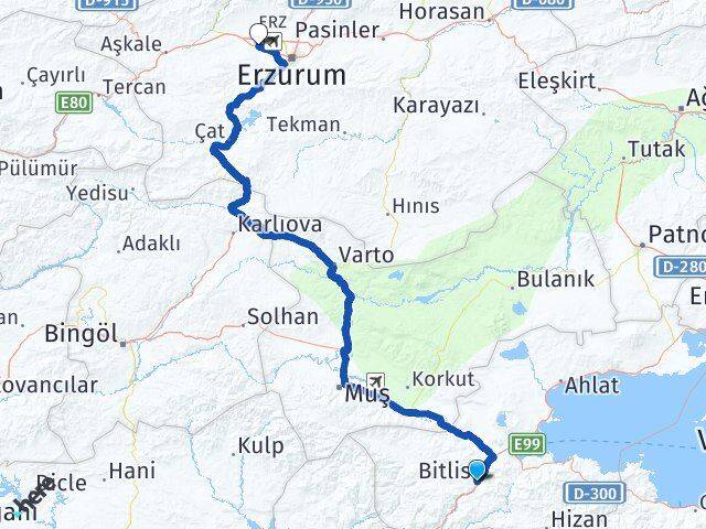 Bitlis Aziziye Erzurum Arası Kaç Km - Yol Haritası