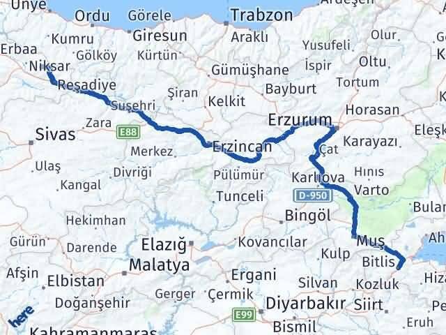 Bitlis Başçiftlik Tokat Arası Kaç Km - Yol Haritası