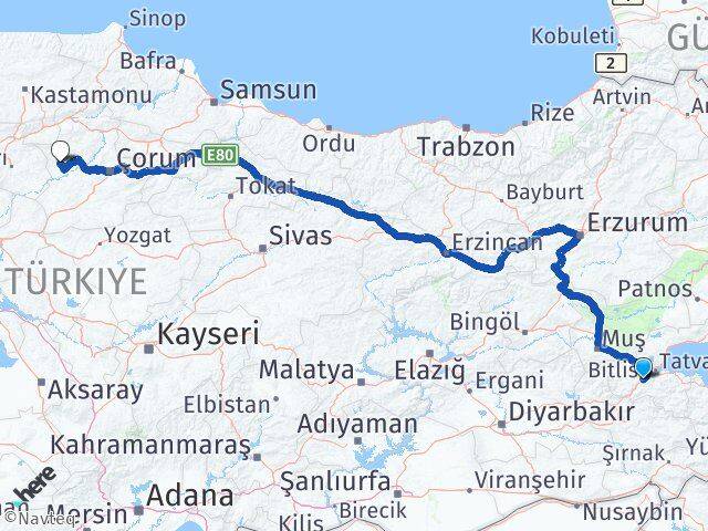 Bitlis Bayat Çorum Arası Kaç Km - Yol Haritası