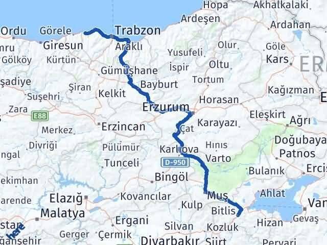 Bitlis Beşikdüzü Trabzon Arası Kaç Km - Yol Haritası