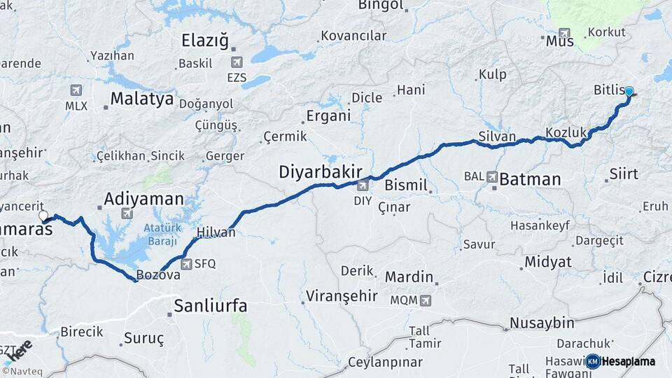 Bitlis Besni Adıyaman Arası Kaç Km - Yol Haritası