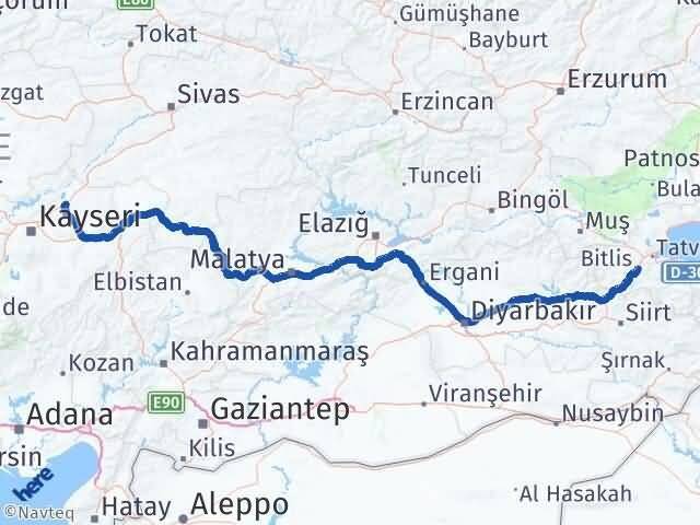 Bitlis Bünyan Kayseri Arası Kaç Km - Yol Haritası