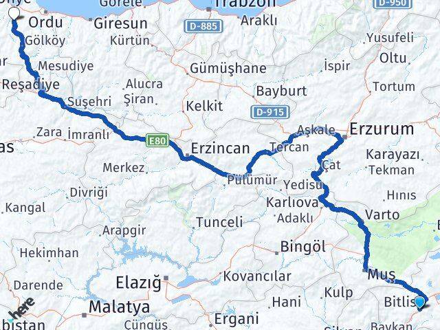 Bitlis Çamaş Ordu Arası Kaç Km - Yol Haritası