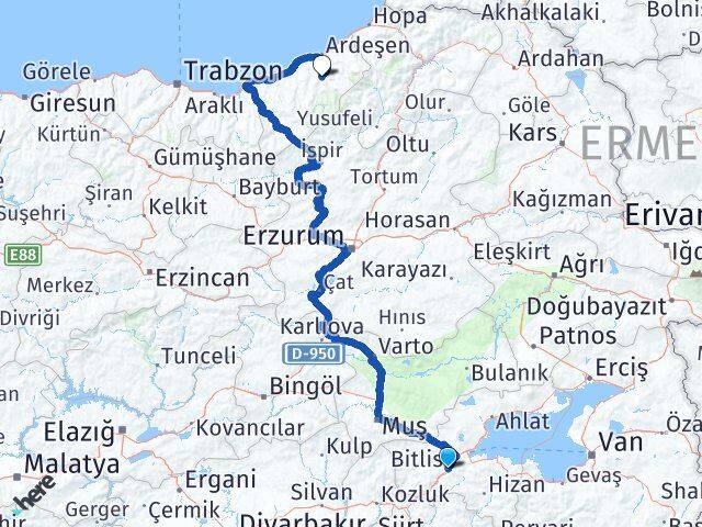 Bitlis Çamlıhemşin Rize Arası Kaç Km - Yol Haritası