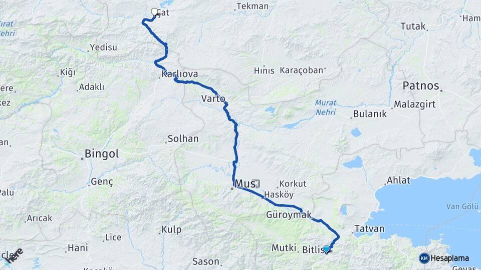 Bitlis Çat Erzurum Arası Kaç Km - Yol Haritası