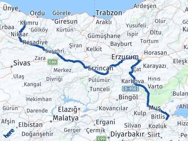 Bitlis Çatalpınar Ordu Arası Kaç Km - Yol Haritası