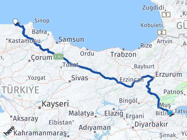 Bitlis Çatalzeytin Kastamonu Arası Kaç Km - Yol Haritası