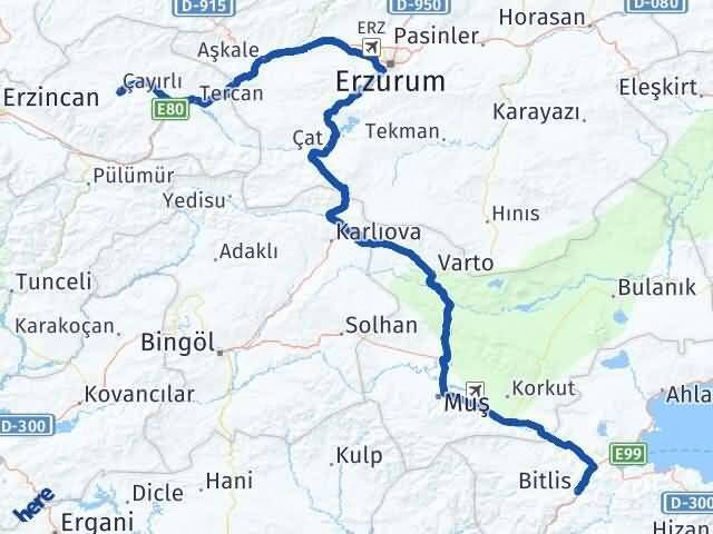 Bitlis Çayırlı Erzincan Arası Kaç Km - Yol Haritası