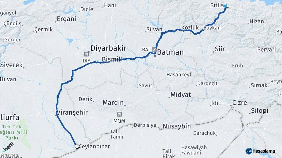 Bitlis Ceylanpınar Şanlıurfa Arası Kaç Km - Yol Haritası