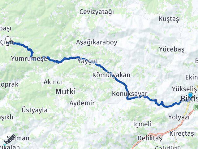 Bitlis Çığır Mutki Arası Kaç Km - Yol Haritası