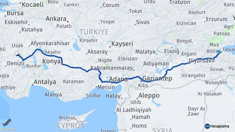 Bitlis Çivril Denizli Arası Kaç Km - Yol Haritası