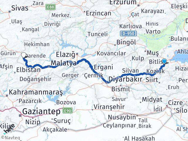 Bitlis Darende Malatya Arası Kaç Km - Yol Haritası