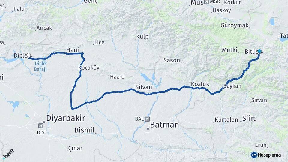 Bitlis Dicle Diyarbakır Arası Kaç Km - Yol Haritası