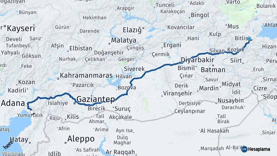 Bitlis Dörtyol Hatay Arası Kaç Km - Yol Haritası