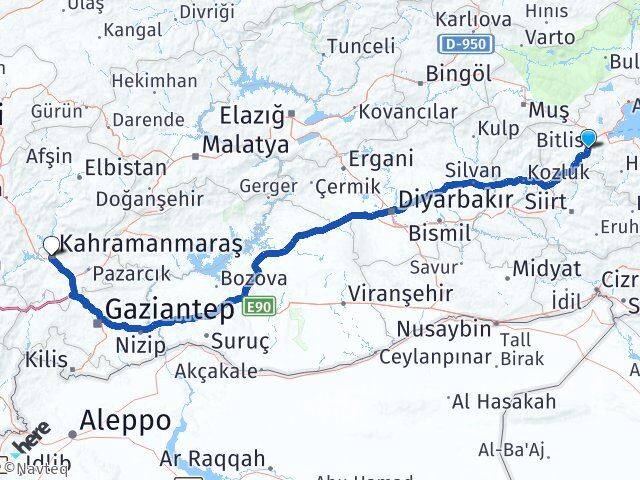 Bitlis Dulkadiroğlu Kahramanmaraş Arası Kaç Km - Yol Haritası