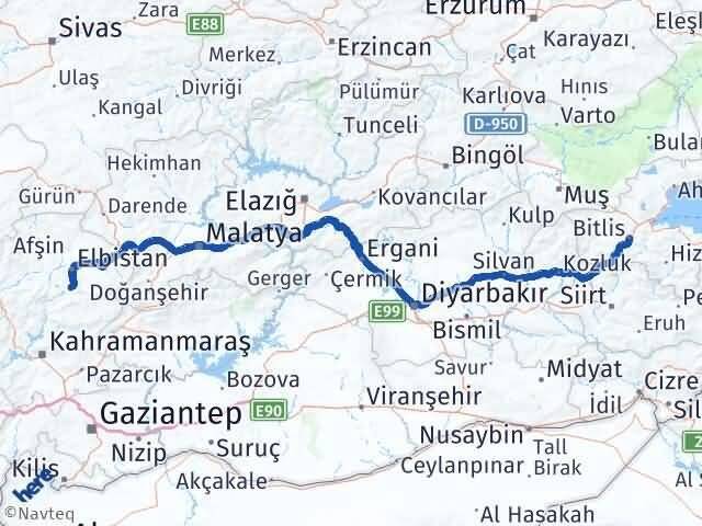 Bitlis Ekinözü Kahramanmaraş Arası Kaç Km - Yol Haritası