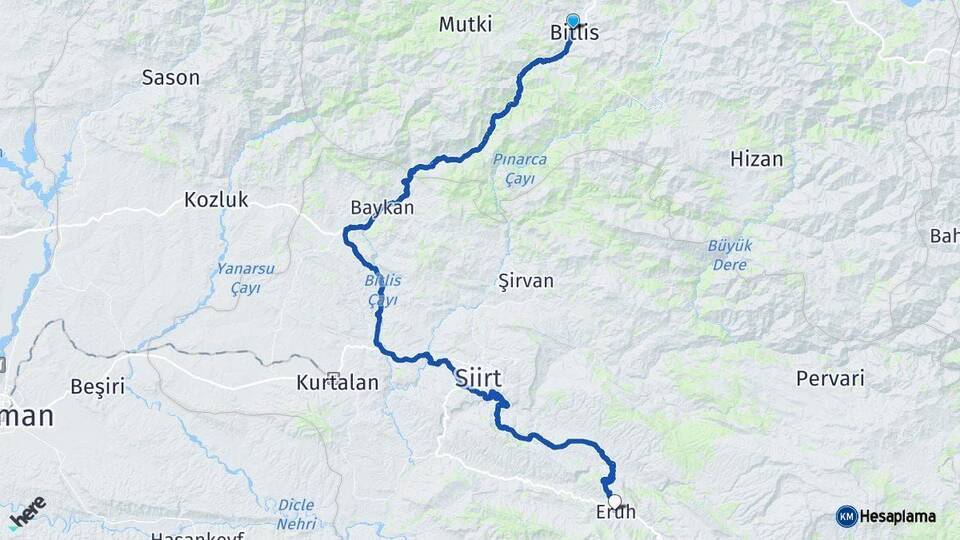 Bitlis Eruh Siirt Arası Kaç Km - Yol Haritası