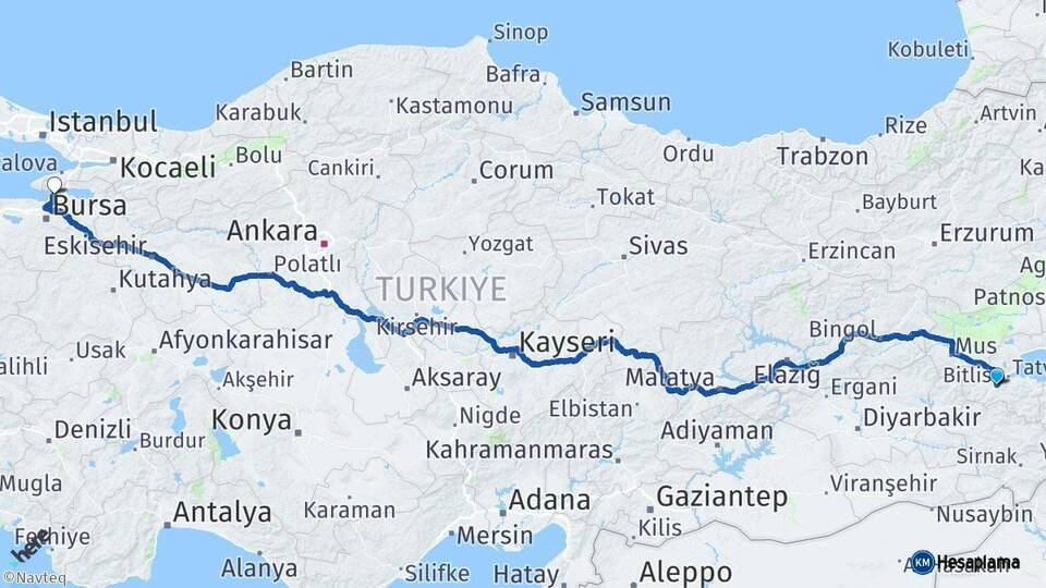 Bitlis Gemlik Bursa Arası Kaç Km - Yol Haritası