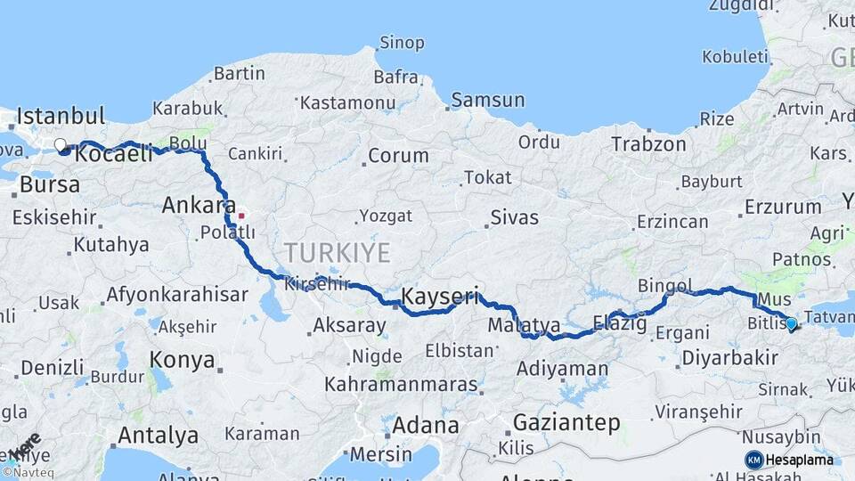Bitlis Gölcük Kocaeli Arası Kaç Km - Yol Haritası