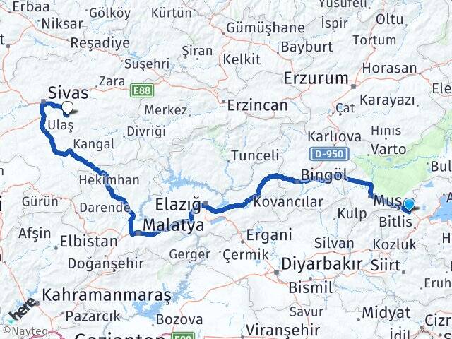Bitlis Güroymak Acıdere Sivas Arası Kaç Km - Yol Haritası