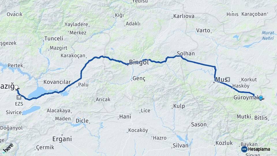 Bitlis Güroymak Elazığ Arası Kaç Km - Yol Haritası
