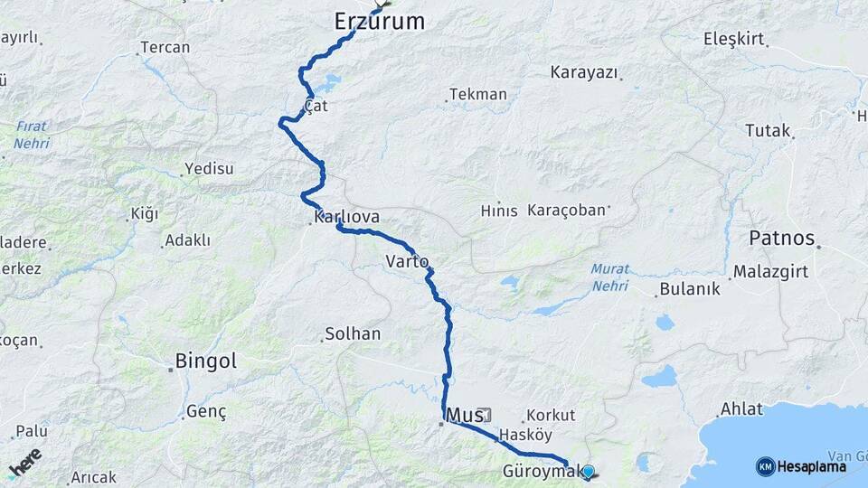 Bitlis Güroymak Erzurum Arası Kaç Km - Yol Haritası