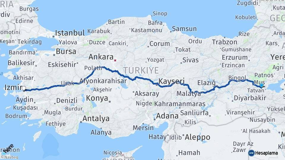 Bitlis Güroymak İzmir Arası Kaç Km - Yol Haritası