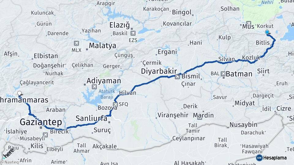 Bitlis Güroymak Kahramanmaraş Arası Kaç Km - Yol Haritası