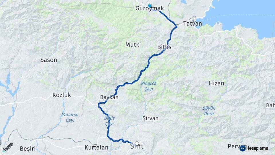 Bitlis Güroymak Siirt Arası Kaç Km - Yol Haritası