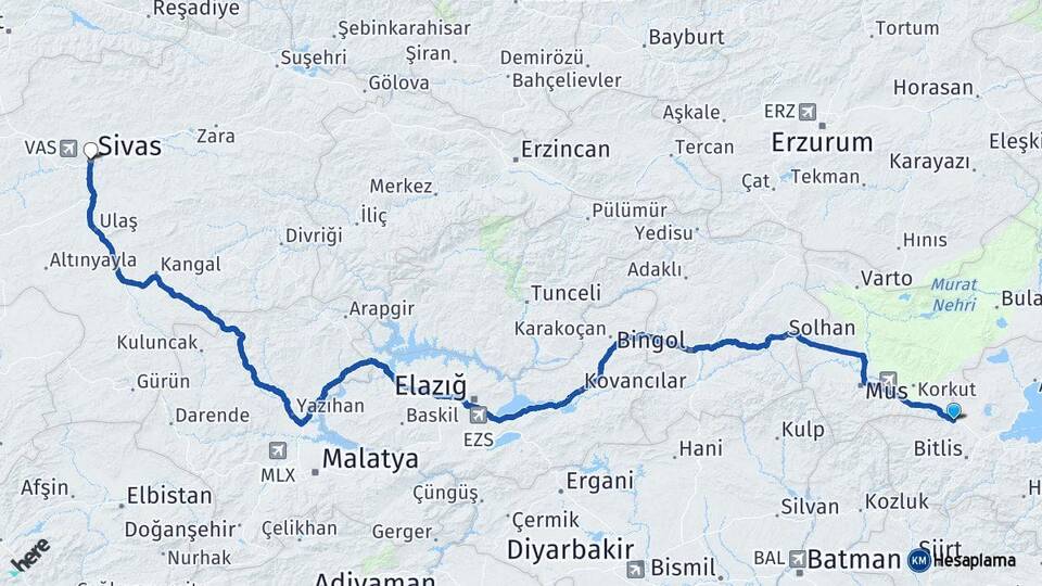 Bitlis Güroymak Sivas Arası Kaç Km - Yol Haritası
